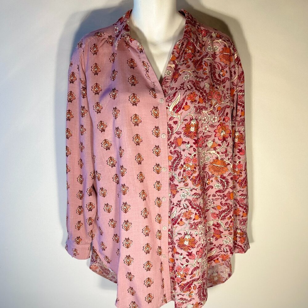 Knox Rose SZ XL Pink Linen Blend Print Button Front Shirt Boho Cottage Tunic